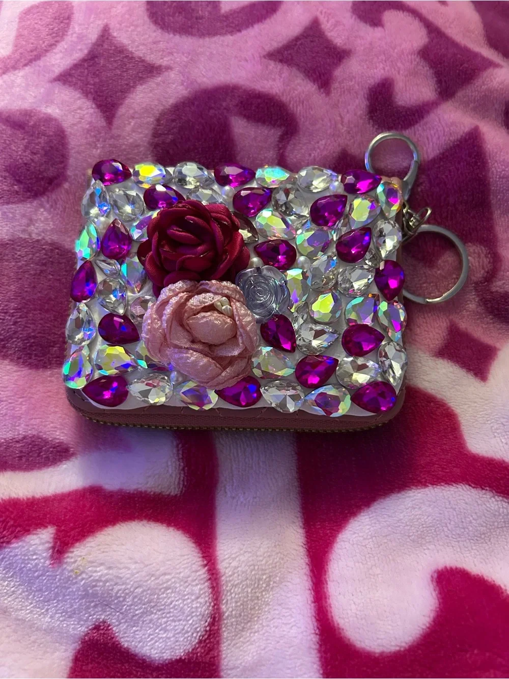 Pink Floral Rhinestone Key & Card Holder